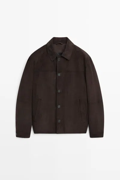Massimo Dutti Suede Leather Pocket Overshirt In Chocolate
