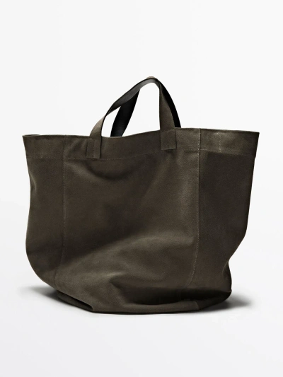 Massimo Dutti Suede Leather Satcher Bag In Mole Brown
