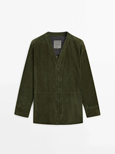 Massimo Dutti Suede Leather Shirt In Green