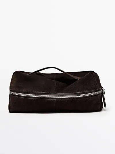 Massimo Dutti Suede Leather Toiletry Bag With Zip In Blue