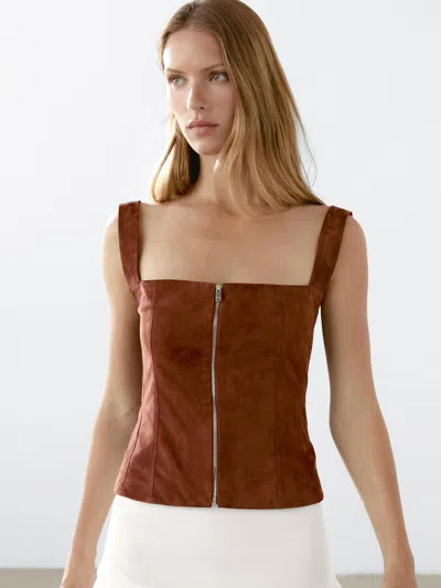 Massimo Dutti Suede Leather Top With Zip In Brown