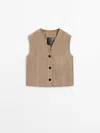 Massimo Dutti Suede Leather Waistcoat With Buttons In Sand