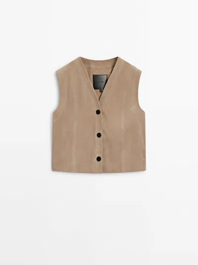 Massimo Dutti Suede Leather Waistcoat With Buttons In Sand