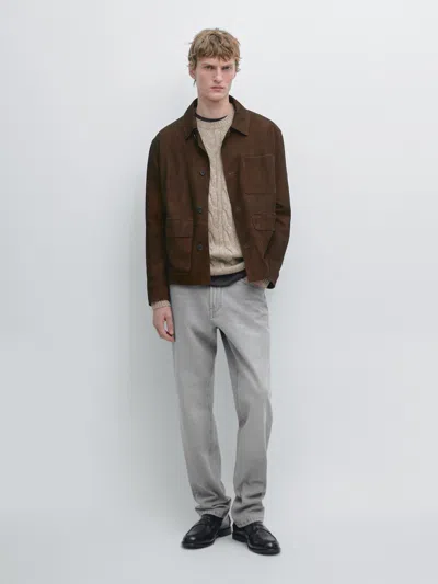 Suede Leather Worker Jacket In Brown from Massimo Dutti