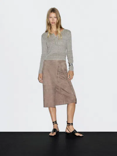 Massimo Dutti Suede Leather Wrap Midi Skirt In Animal Print