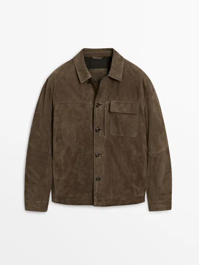 Massimo Dutti Suede Overshirt With Chest Pocket In Grey