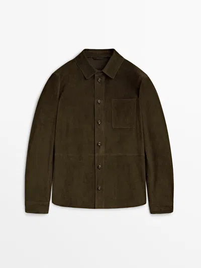 Massimo Dutti Suede Shirt With Chest Pocket In Dark Khaki