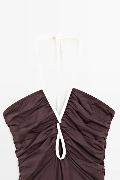 Massimo Dutti Swimsuit With Contrast Gathered Detail In Brown
