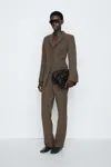 Massimo Dutti Blazer Cintado Com Linho In Castanho