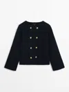 Massimo Dutti Textured Knit Cardigan With Gold Buttons In Dunkelblau