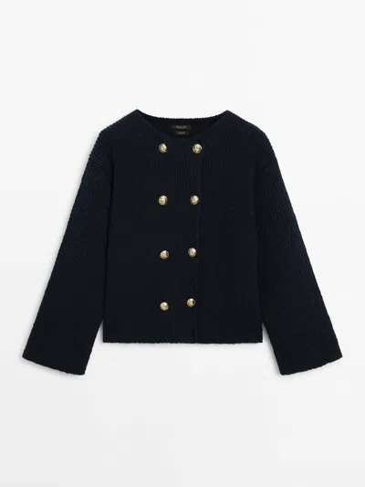 Massimo Dutti Textured Knit Cardigan With Gold Buttons In Dunkelblau