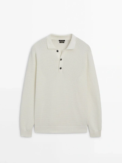 Massimo Dutti Textured Knit Polo Collar Sweater In Cream