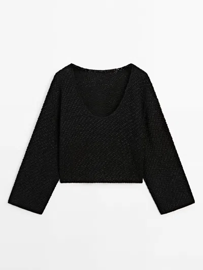 Massimo Dutti Textured Knit Sweater With Low-cut Back In Black
