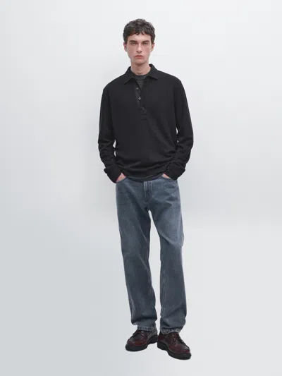Massimo Dutti Textured Long Sleeve Polo Shirt In Black