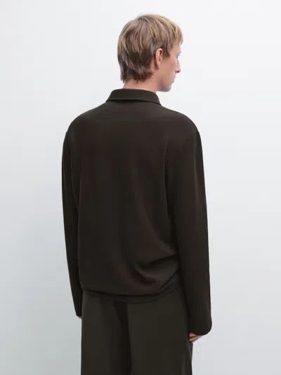 Massimo Dutti Textured Long Sleeve Polo Shirt In Brown