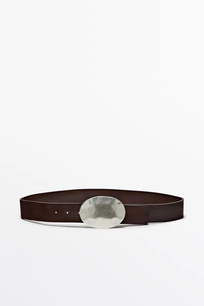 Massimo Dutti Textured Nappa Leather Belt With Oval Buckle In Black