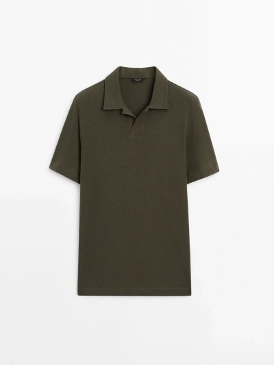 Massimo Dutti Textured Short Sleeve Polo Shirt In Khaki