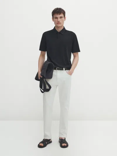 Massimo Dutti Textured Short Sleeve Polo Shirt In Marineblau