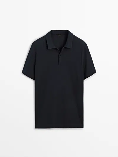 Massimo Dutti Textured Short Sleeve Polo Shirt In Navy Blue