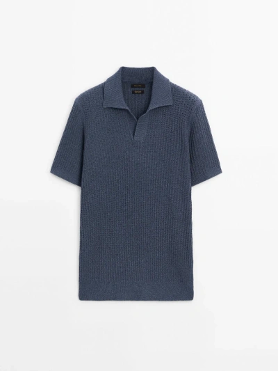 Massimo Dutti Textured Short Sleeve Polo Sweater In Blue Marl