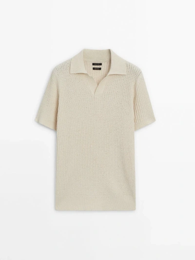 Massimo Dutti Textured Short Sleeve Polo Sweater In Cream
