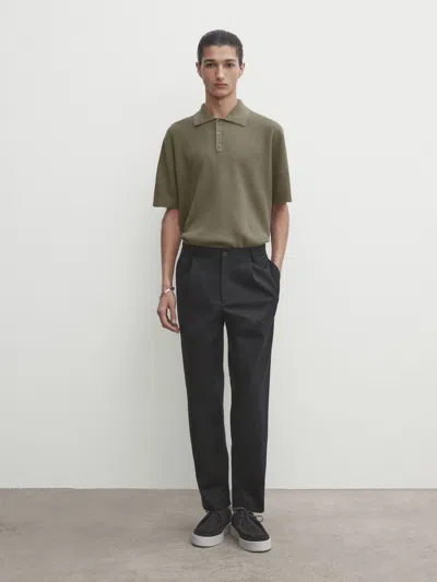 Massimo Dutti Kurzarmpullover Mit Polokragen Und Strukturmuster In Khaki