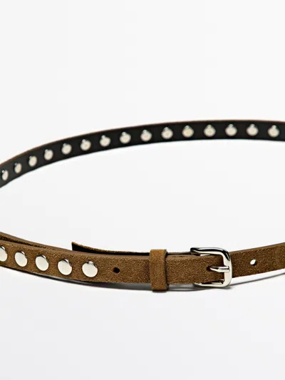 Massimo Dutti Thin Leather Belt With Stud Detail In Brown