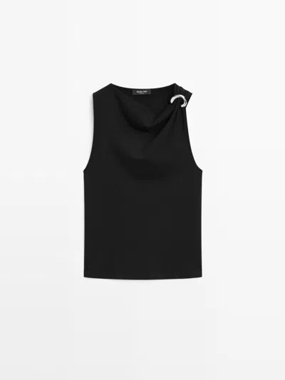 Massimo Dutti Top Escote Drapeado Detalle Broche In Black