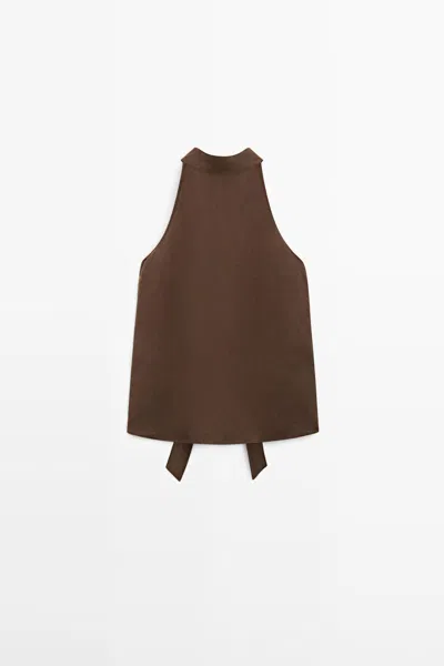 Massimo Dutti Top Halter Fluido Lino In Brown