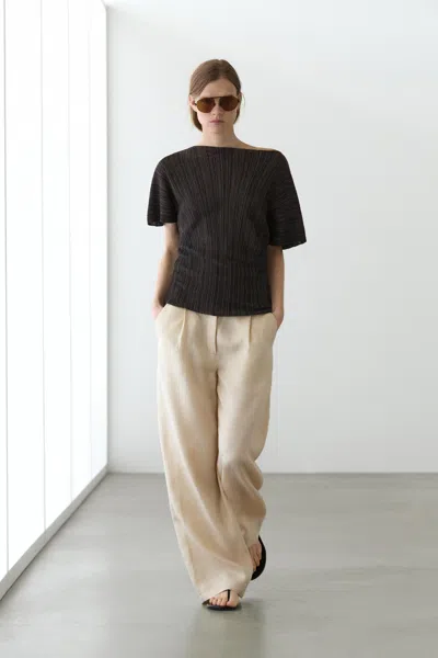 Massimo Dutti Top Plissado Total Look Riscas In Brown