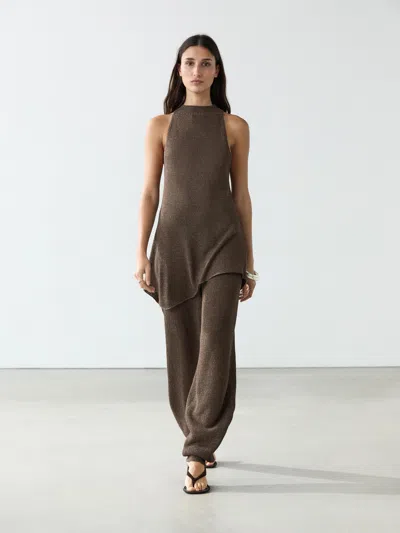 Massimo Dutti Asymmetric Knit Halter Top Total Look In Brown