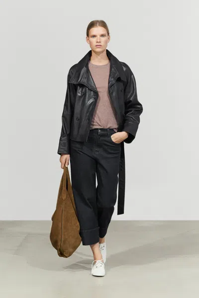 Massimo Dutti Trench Curto Gola Alta Pele In Black