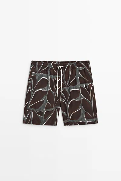 Massimo Dutti Tropical Print Swimming Trunks In Chocolate