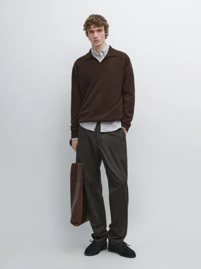 Massimo Dutti Twill Wool Blend Trousers In Brown