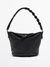 Massimo Dutti Nappa Leather Crossbody Bag With Woven Strap In Black