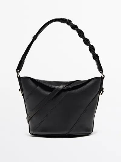 Massimo Dutti Nappa Leather Crossbody Bag With Woven Strap In Black