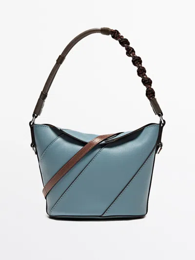 Massimo Dutti Nappa Leather Crossbody Bag With Woven Strap In Blue