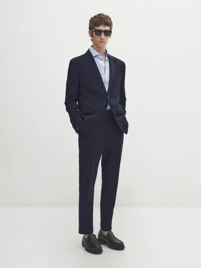 Massimo Dutti Unifarbene Anzughose In Blau Aus Wollmischgewebe In Marineblau