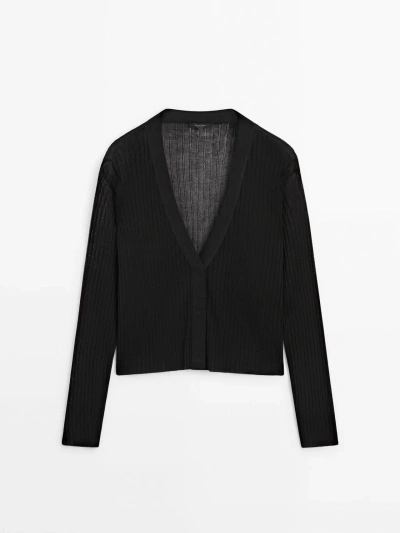 Massimo Dutti V-neck Open-knit Cardigan In Black