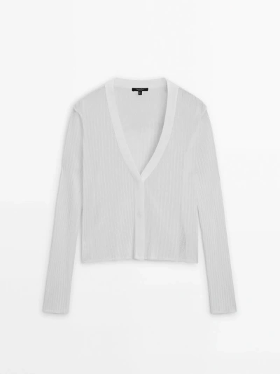 Massimo Dutti V-neck Open-knit Cardigan In Cream