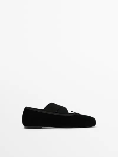 Massimo Dutti Velvet Ballet Flats With Bow In Black