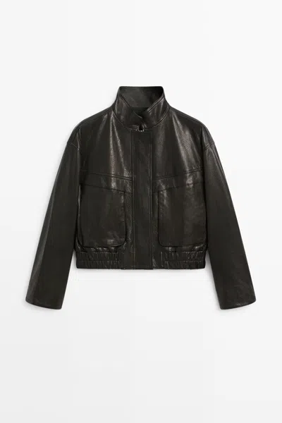 Massimo Dutti Veste Courte À Col Montant En Cuir Nappa In Black