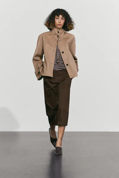 Massimo Dutti Veste Courte À Col Montant En Mélange De Laine In Brown