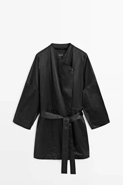 Massimo Dutti Veste Croisée À Nouer In Noir