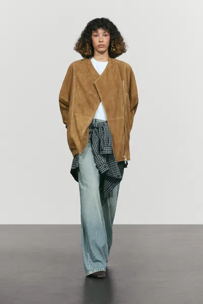 Massimo Dutti Veste En Cuir Effet Daim À Fermeture Asymétrique In Brown