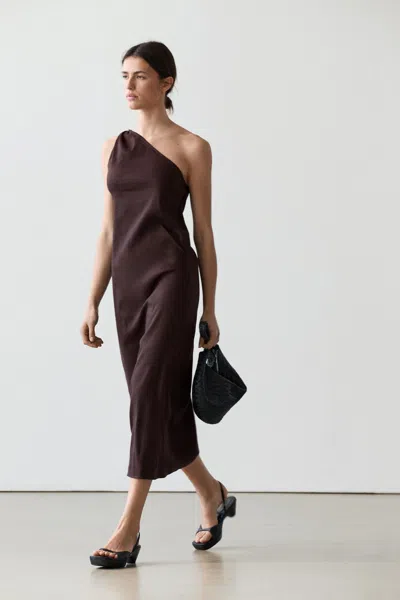 Massimo Dutti Vestido Assimétrico De Linho In Brown