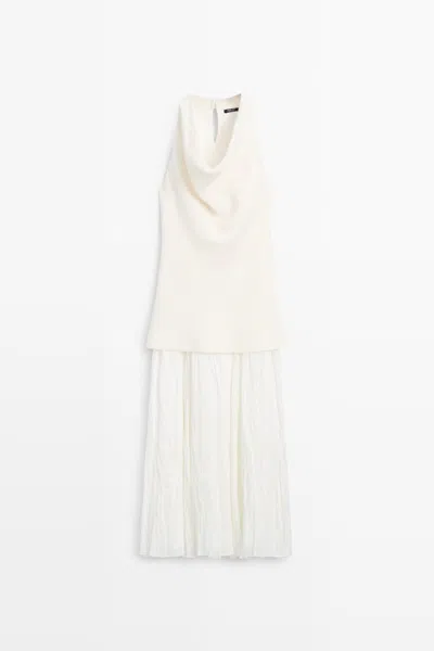 Massimo Dutti Vestido Combinado Fluido Plisado Con Lino In White