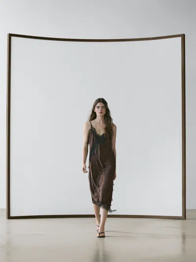 Massimo Dutti Vestido De Lingerie Com Pormenor De Renda In Gray