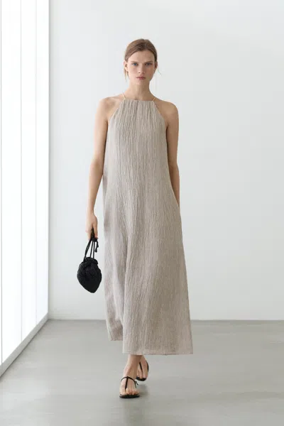 Massimo Dutti Vestido Fluido Com Gola Franzida Em Mistura De Linho In Gray