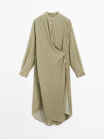 Massimo Dutti Vestido Fluido Rayas Corte Asimétrico 100% Seda In Brown